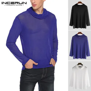 

INCERUN Mesh Men T Shirt Sexy Solid Color See Through Party Nightclub Tops Long Sleeve Scarf Collar Fashion T-shirts Men S-5XL 7