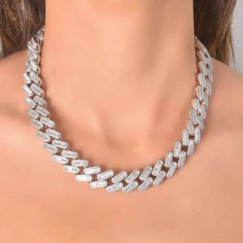 

Iced Out Silver Color 15MM CZ Miami Box Clasp Cuban Link Chain Necklace Baguette 5A Zircon Choker Hip Hop Fashion Women Jewelry