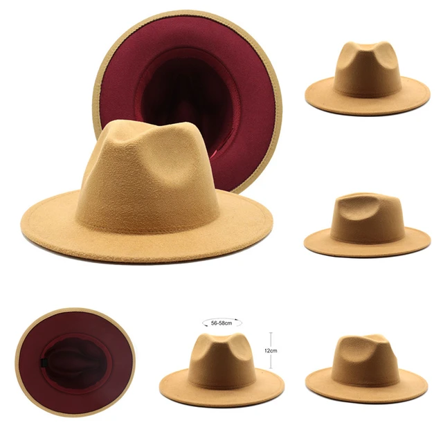 Wide Brim Fedora Hats For Women Mens Felt Fedora Hats Camel Wine Red  Patchwork Panama Trilby Jazz Hat - Fedoras - AliExpress