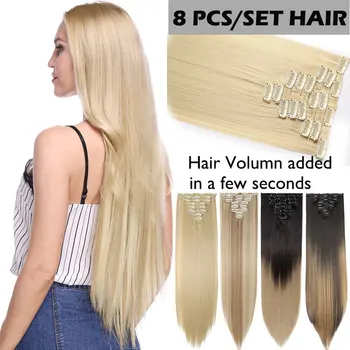 S-noilite 8Pcs/set Long Straight Clip in on Hair Extensions real Synthetic Black Brown Red Pink Purple 3
