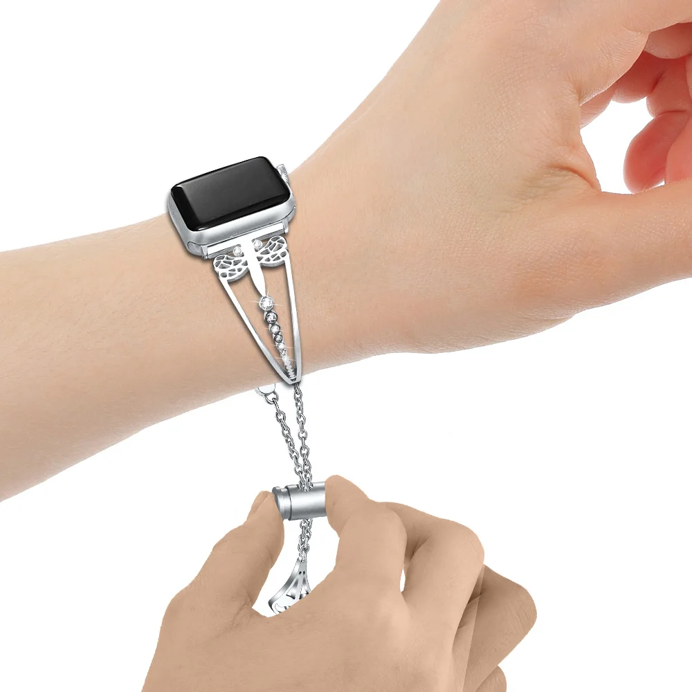 Silver Crystal Dragonfly Jewelry Strap for Apple Watch Band 40/44/38/42mm Rhinestone Metal Bracelet for iWatch Series 5 4 3 2 Wristband - Цвет ремешка: Silver