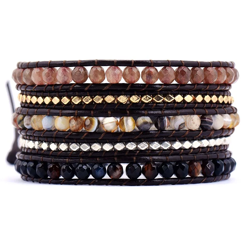 New Cool 5 Strands Mixed Stones Onyx Metal Beads Leather Wrap Bracelets Vintage Black Lover’s Bracelet