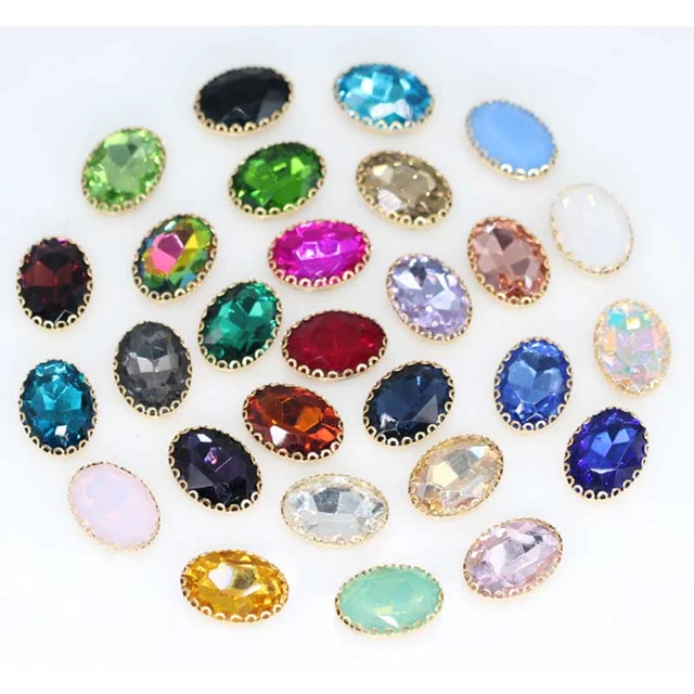 50pcs Multicolor Oval Claw Rhinestones Golden Flat Back Shiny Beads Trim Sew  On Rhinestones For Clothes Decoration