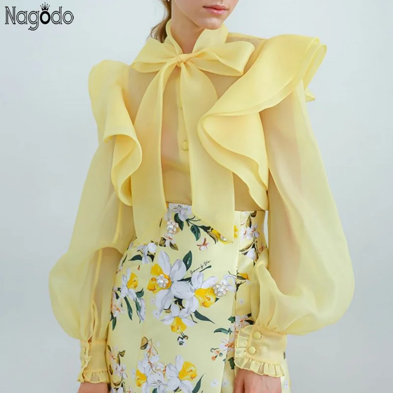

Nagodo Lantern Sleeve Blouse Women 2020 High Quality Organza Chiffon Shirt Vintage Bow Collar Long Sleeve Ladies Tops Haut Femme