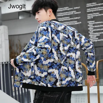 

Spring Autumn New Mandarin Collar Men's Zipper Jackets Casual Koi and Crane Printed Regular Fit Harajuku Jacket Coats 5XL 6XL
