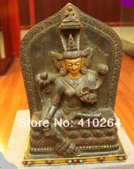 

Free Shipping 12"Tibet Buddhism handwork carved Stone 24K Gold Gem Green Tara Kwan-Yin Statue