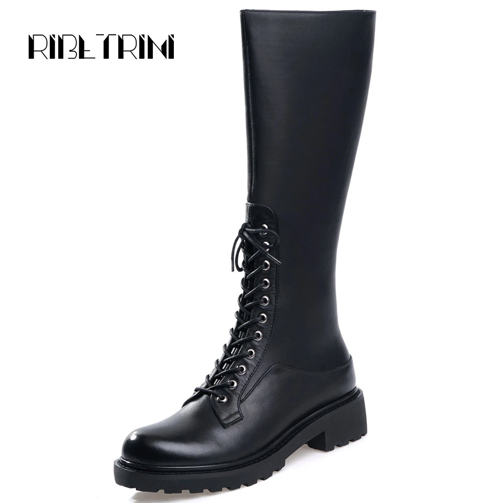 

RIBETRINI Vintage Women Genuine Leather Martens Style Boots Low Heel Rubbersole Autumn Shoes Woman Wild Girl Platform Knee Boots