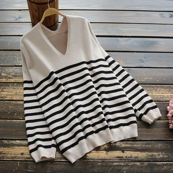 

6718 New Autumn Women Loose Stripe V-Neck Pullover Sweater Japan Style Mori Girl Casual Long Sleeve Knit Sweater Tops