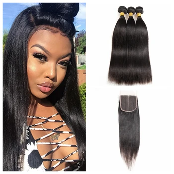 

Remy Human Hair Peruvian Silky Straight Bundles With Closure Natural Color 3 Bundles With 4*4 Lace Closure Free Shipping