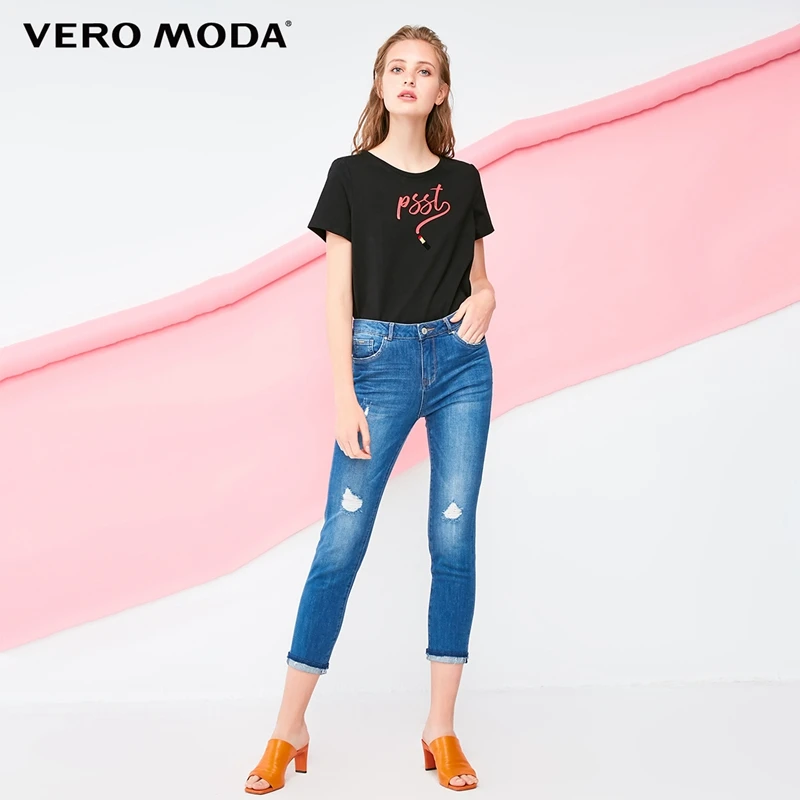 Vero Moda Новое поступление женские потертые манжеты закатывающиеся облегающие 96% хлопковые укороченные джинсы | 318349537
