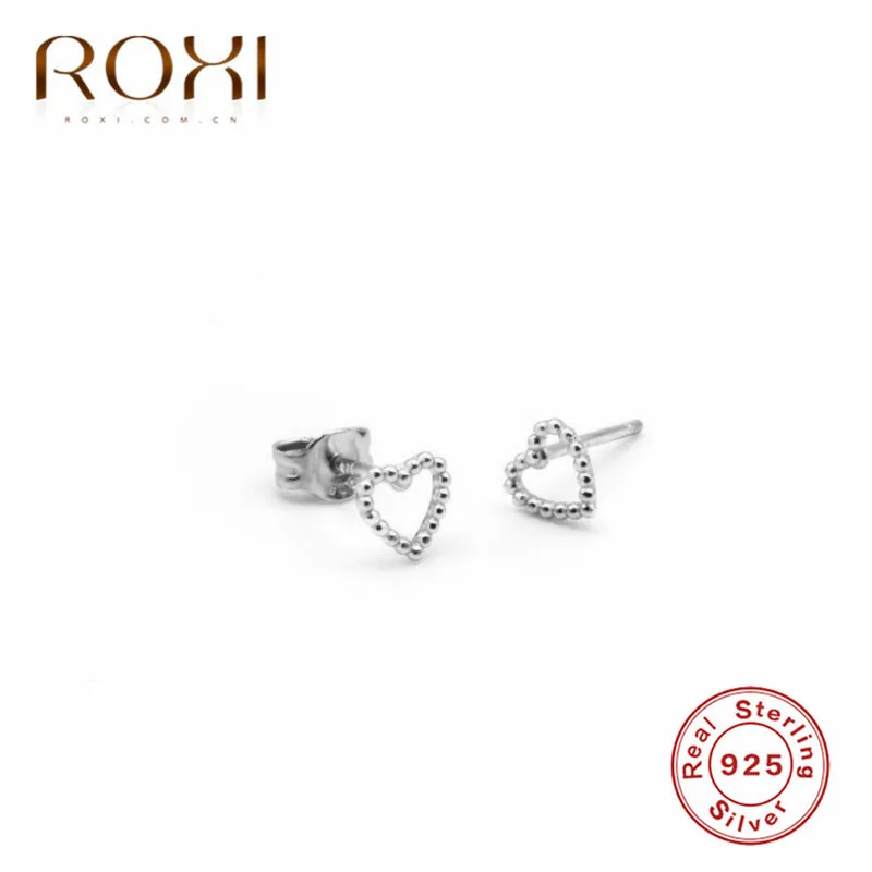 ROXI, модные, 925 пробы, серебряные серьги-гвоздики в форме сердца, минималистичные бусины, полые, сердце, серьги для женщин, корейские ювелирные изделия, вечерние, подарки