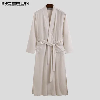

Striped Men Robes Homewear Long Sleeve Lace Up V Neck Muslim Kaftan Robes Pockets Split Hem Bathrobes Nightgowns S-5XL INCERUN