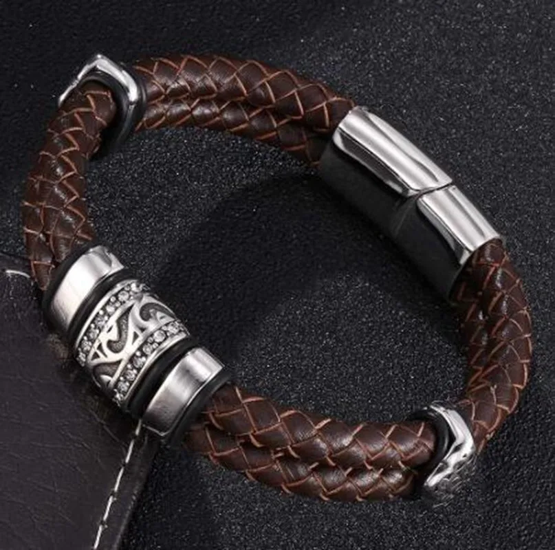 Double Layer Punk Brown Braided Leather Bracelet for Men Metal Magnetic Clasp