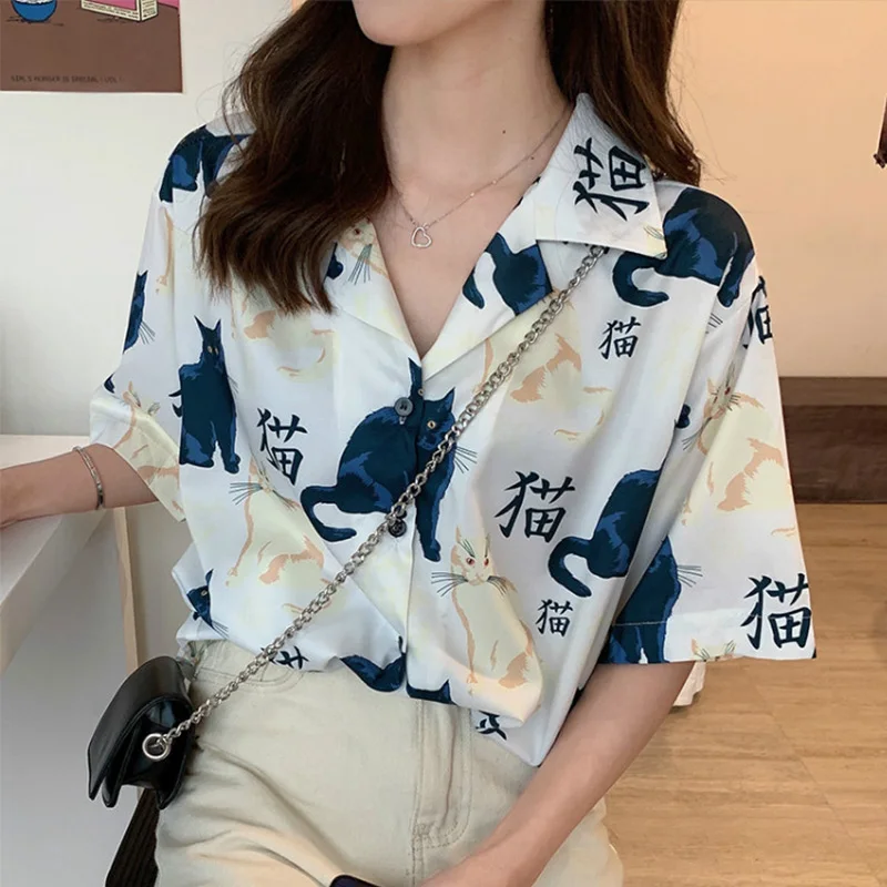 Женские блузки Харадзюку с принтом кота каваи однобортные короткий рукав