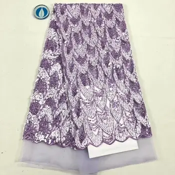 

Hot sale 5 yards purple 3D sequin embroidery French tulle lace skirt fabric, cheap tulle lace fabric FFD-1111