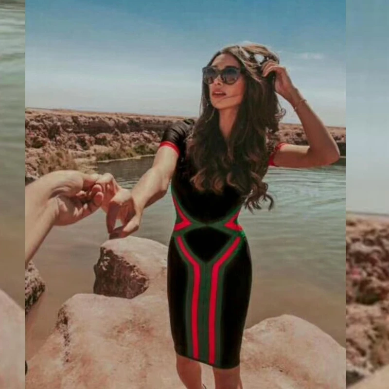 2019 Модное Новое поступление Бандажное платье с коротким рукавом лоскутное