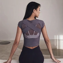 Zhangyunuo футболка для йоги с перекрещивающимися спинками, Женская облегающая быстросохнущая майка для бега и бега, сетчатая рубашка с коротким рукавом для фитнеса