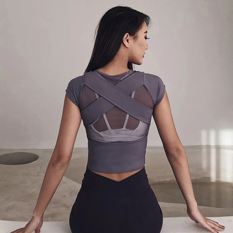 

Zhangyunuo Back Cross Yoga T-shirt Women Tight-fitting Quick-drying Top Running Navel Mesh Stitching Fitness Short-sleeved Shirt