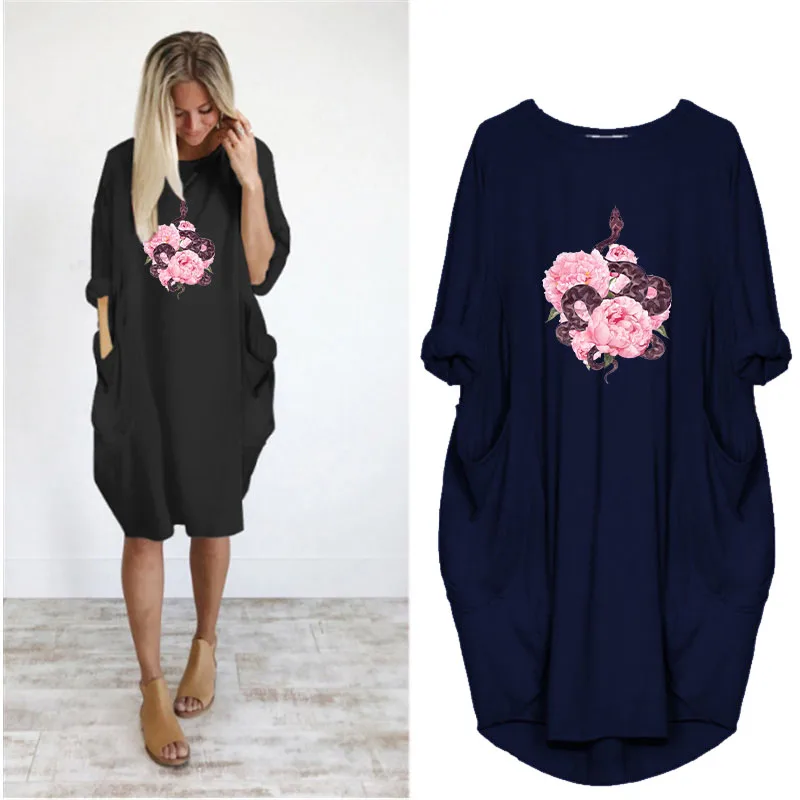 

Loose Lady Dresses Python&flower Print Plus Size 5Xl Long Sleeve o Neck Party Club Dress Streetwear Beach Dress Vestido Robes