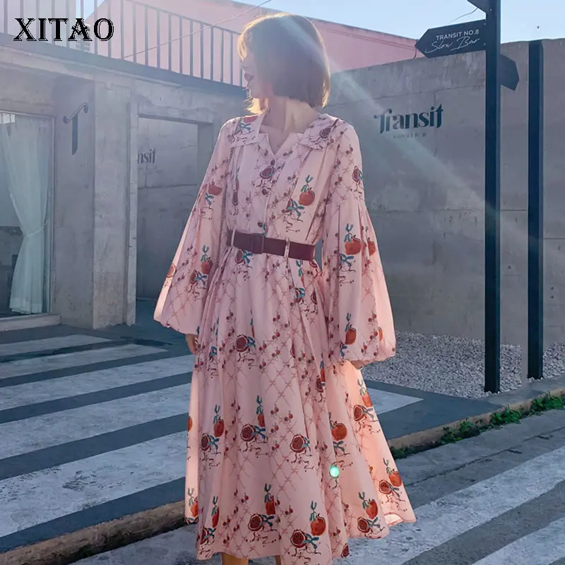 

XITAO Bandage Women Dress Fashion Print Pattern Pleated Vintage 2020 Spring Summer Small Fresh Elegant Casual Dress XJ3921