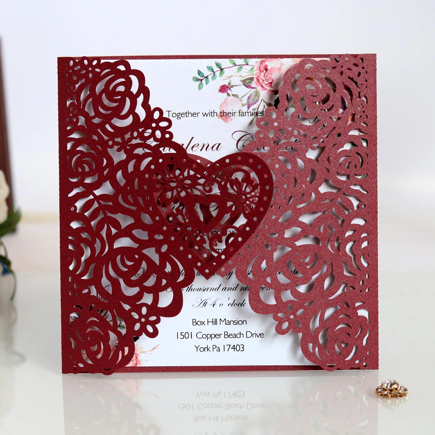  10pcs Pierced rose embossing laser invitation letter pearl paper invitation cards wedding business  - 4.00051E+12