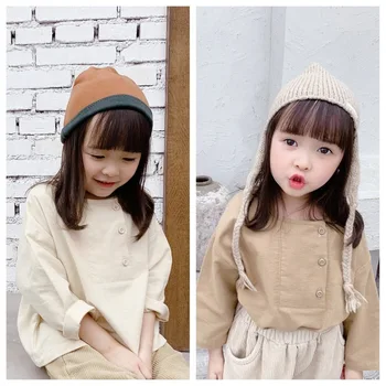 

2020 Girls Fall Long Sleeve Shirt Children Side Button Round Neck Top