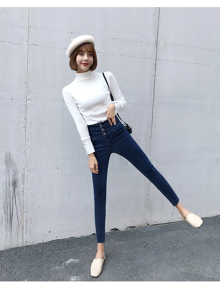 WOMEN'S Jeans Autumn And Winter plus Velvet Ultra High Waist Skinny Pants Women's Slim Fit Korean-style Jeans Black And White wi