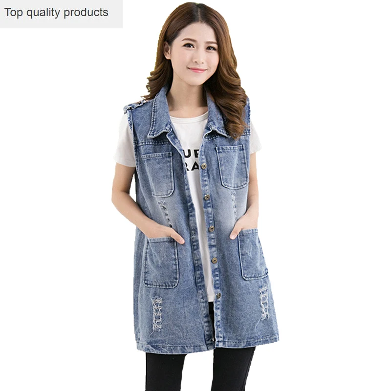

Plus Size S-5XL 2020 Spring Autumn New Star Fashion Women Vintage Hole Denim Vest Female Jeans Jacket Long Outer YR039