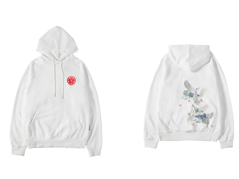 GONTHWID Embroidered Cranes Cherry Blossoms Thin Sweatshirts Pullover Hoodies Harajuku Streetwear Hooded Sweatshirt Casual Tops