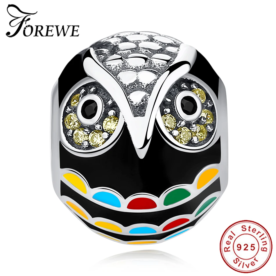 Forewe подлинное серебро 925 пробы и золото эмаль животных Сова Шарм Бусины Подходят для женщин браслет и акриловый браслет