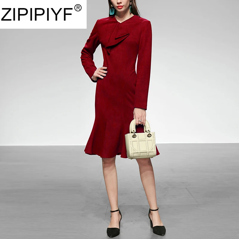 New Arrival Temperament OL Pure Red Dress 2019 Autumn Winter Elegant Women Ruffles Long-sleeved C2149 | Женская одежда