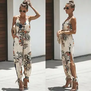 

2019 Summer Women Holiday Casual Sleeveless Jumpsuits Fashion Ladies Boho Floral Bodysuit Wide Leg Loose Long Pants Trousers
