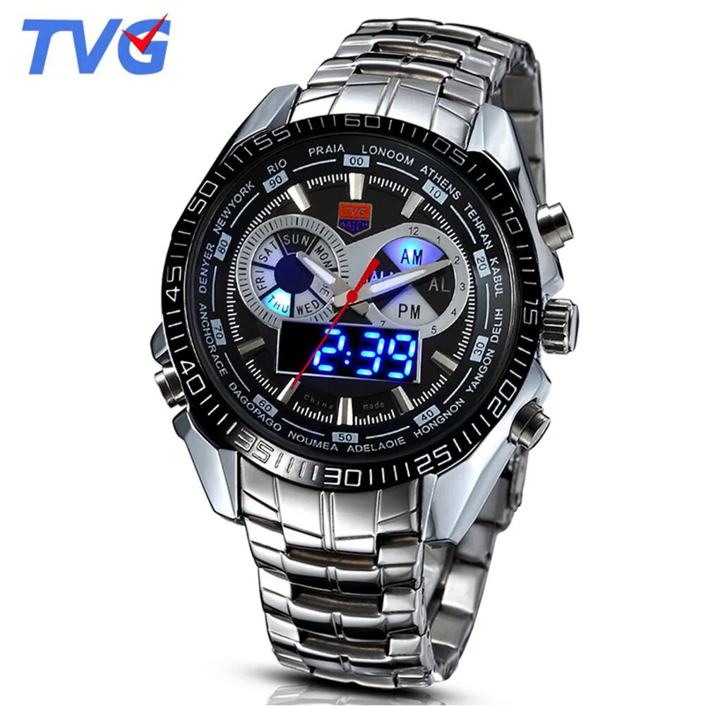 TVG Men Watches Unique Blue Led Disply Analog Digital Quartz Watches Military Army Sports Watches Men Relogio Masculino