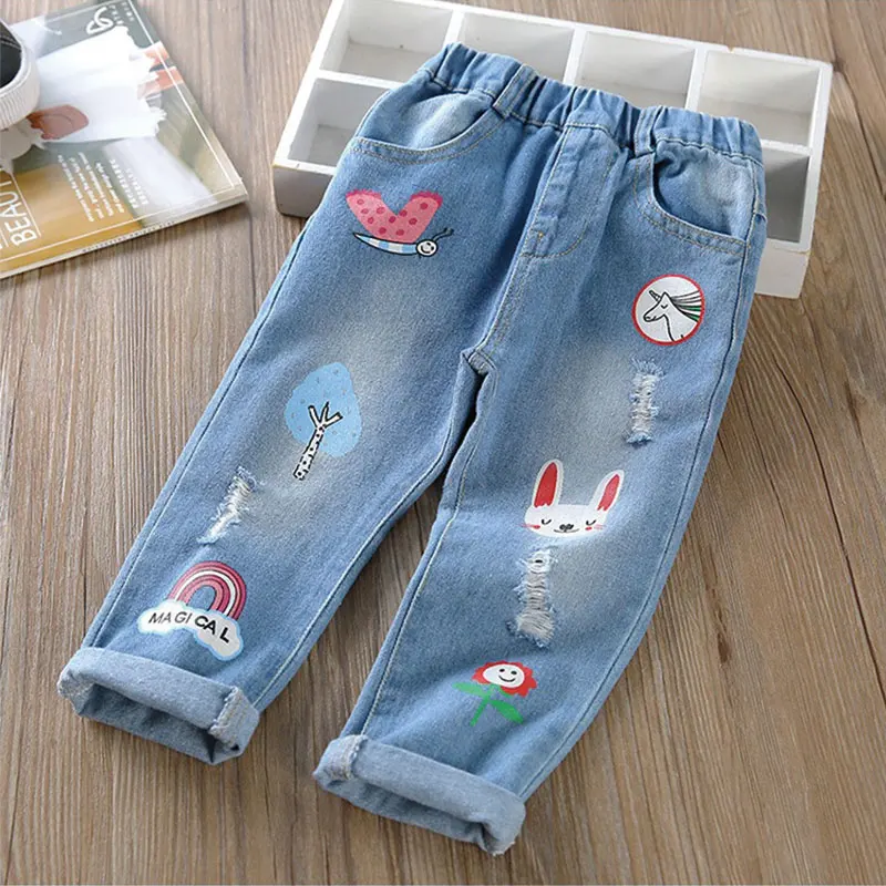 

LCJMMO Fashion Girls Embroidery Denim Jeans Baby Soft Cotton Jeans Kids Spring Autumn Casual Trousers Child Elastic Waist Pants