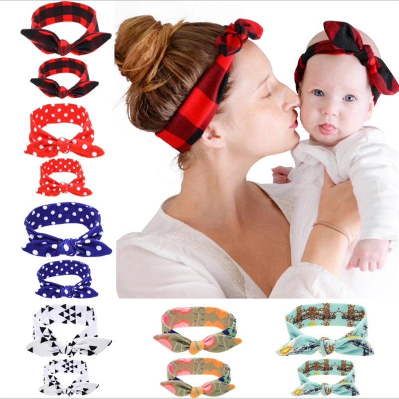 

New hot sale printed mother and child suit parent-child bunny ears headband baby hairband headdress Mom and son suit