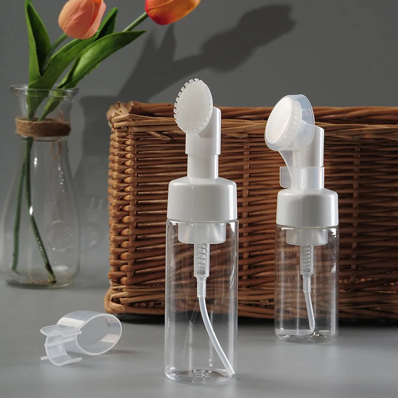 

New 150/200ml Empty Froth Foaming Pump Bottle With Silicone Brush Head Plastic Face Cleaning Foam Bottles Liquid Soap Dispen