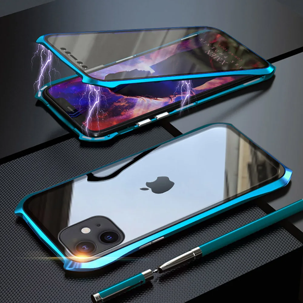 Двусторонний задний+ передний стеклянный Магнитный чехол для Apple iPhone 11 Pro Max Роскошный Алюминиевый металлический бампер 360 Защитный чехол