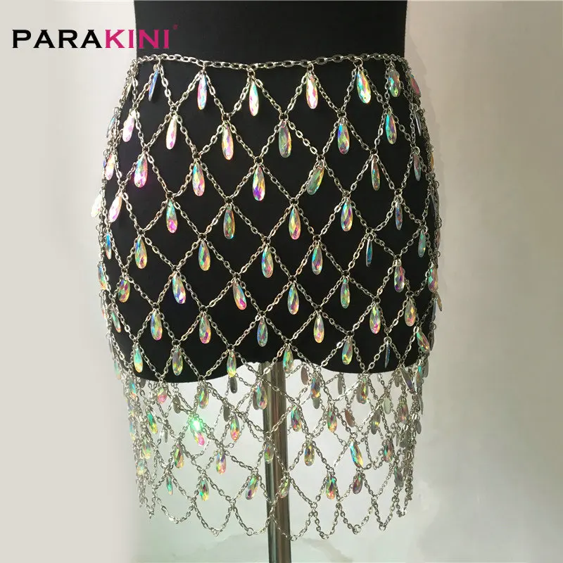 as PARAKINI бикини Покрытие Bling металлическая цепочка на тело драгоценный камень блесток юбка женская сумасшедшая пляжная полый кристалл ночной клуб вечерние юбки - Цвет: as