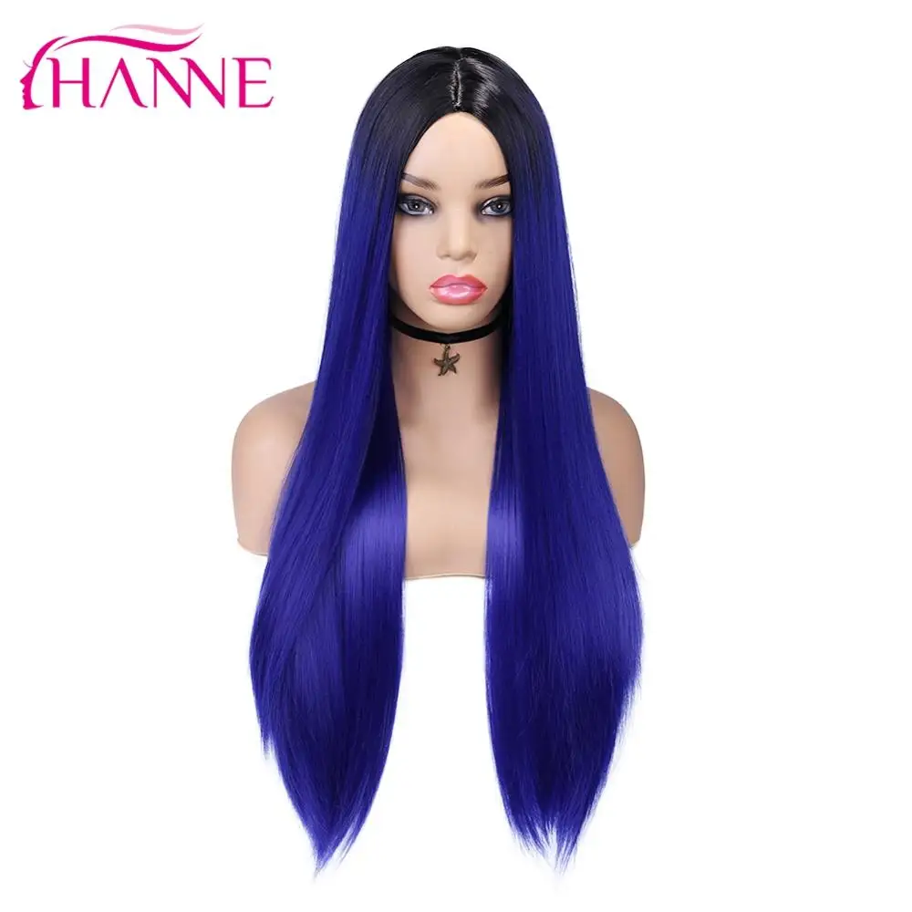 HANNE-pelucas largas y lisas de Color degradado para mujer, Color negro, Azul, Gris, rojo y amarillo, parte media Natural, pelo de colores resistentes al calor
