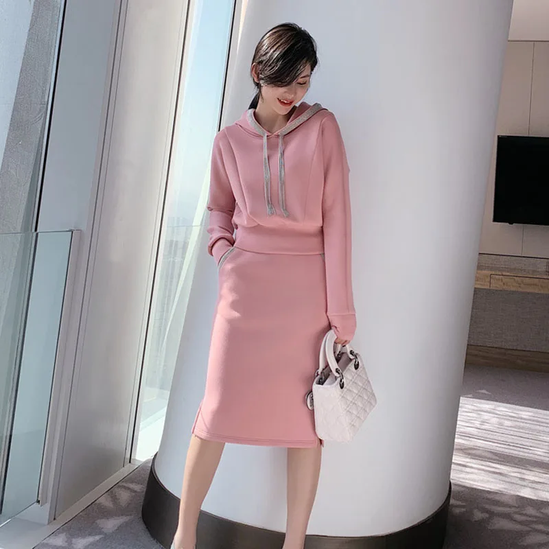

Women Two Piece Set Office Lady Spring/Autumn Hooded Pink Color Dress Sets