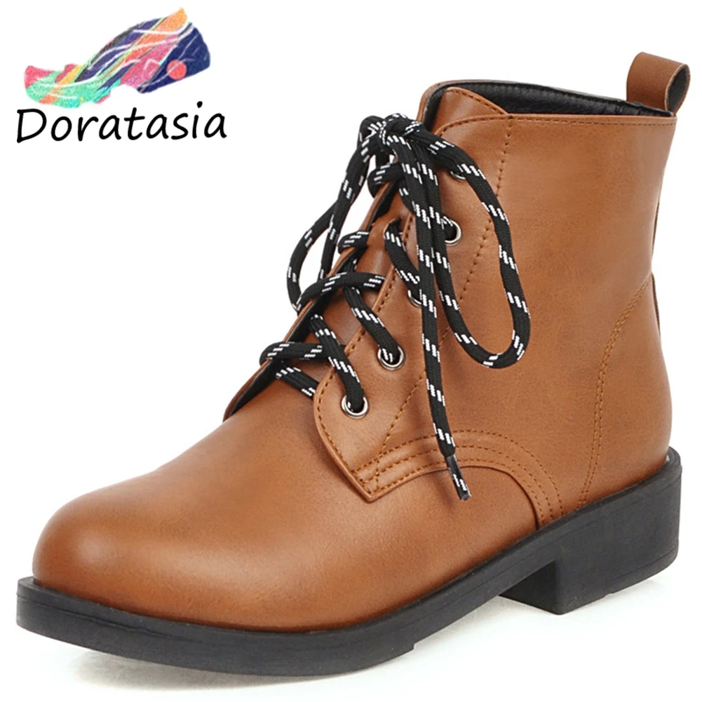 

DORATASIA Girl School lace-up Ankle Boots Concise Low Platform Boots Women Casual Low Chunky Heels Shoes Woman