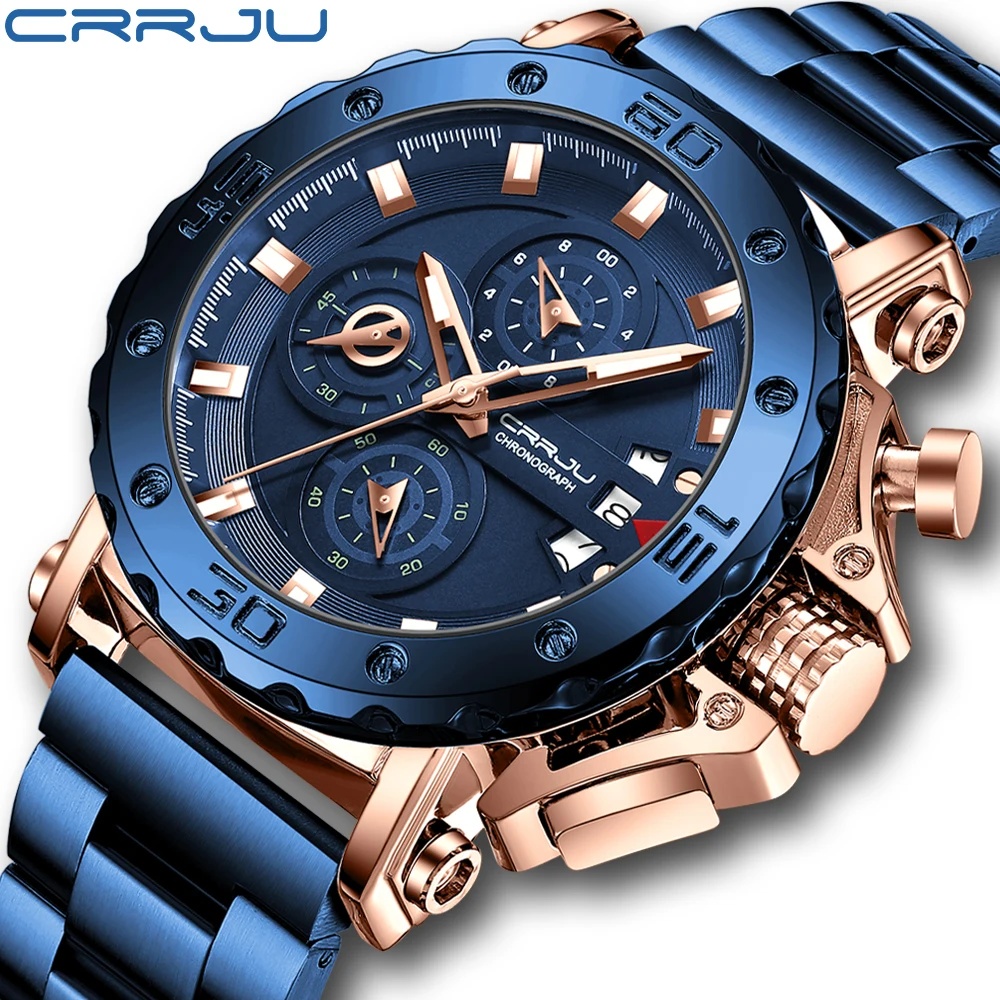 Crrju Relógio Masculino Novo 2023 Cronógrafo à Prova Dbig Água Grande Dial Relógios de Pulso de Aço Inoxidável Mostrador Luminoso com Data Relógio Masculino