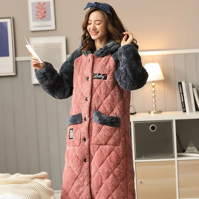 camera moreel Aannemer Winter Dames Badjas Dikke Flanellen Nachtkleding 3 Layer Gewatteerde  Nachtjapon Grote Maat Hooded Gewaad Vrouwen Thuis Kleding Nachtkleding| Badjassen| - AliExpress