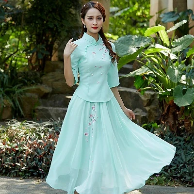 SHENG COCO зеленая китайская блузка с вышивкой Cheongsam топы Женская традиционная одежда в китайском стиле чайный Костюм 4XL плюс размер - Цвет: green tops and skirt