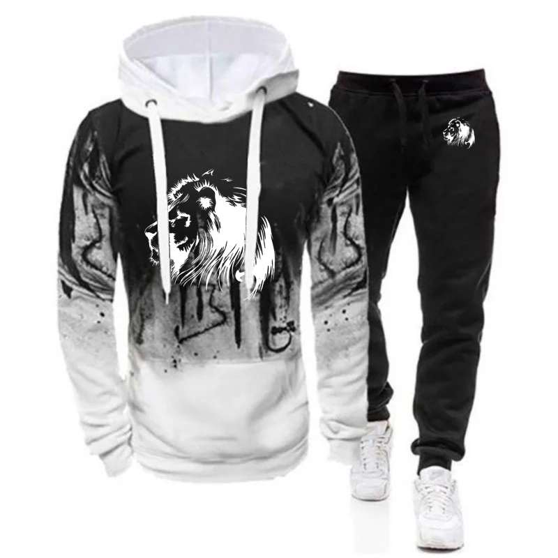 Meditation Lion Printed Spring Autumn New Sweatpants Hoodie Sportwear Suit Gradient Comfortable Hooded Tracksuit 2 Pieces Sets | Мужская