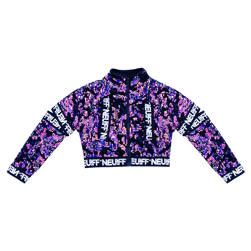 Jazz Costume Girls Purple Sequin Hip Hop Set Street Dance Performance Clothing Stage Dancing Wear Flared Sleeve Clothes DC1006
