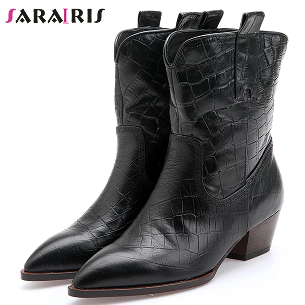 

SARAIRIS 33-43 Black Pointed Toe Western Booties Lady Genuine Leather Ankle Boots Women 2019 OL Chunky Heels Shoes Woman