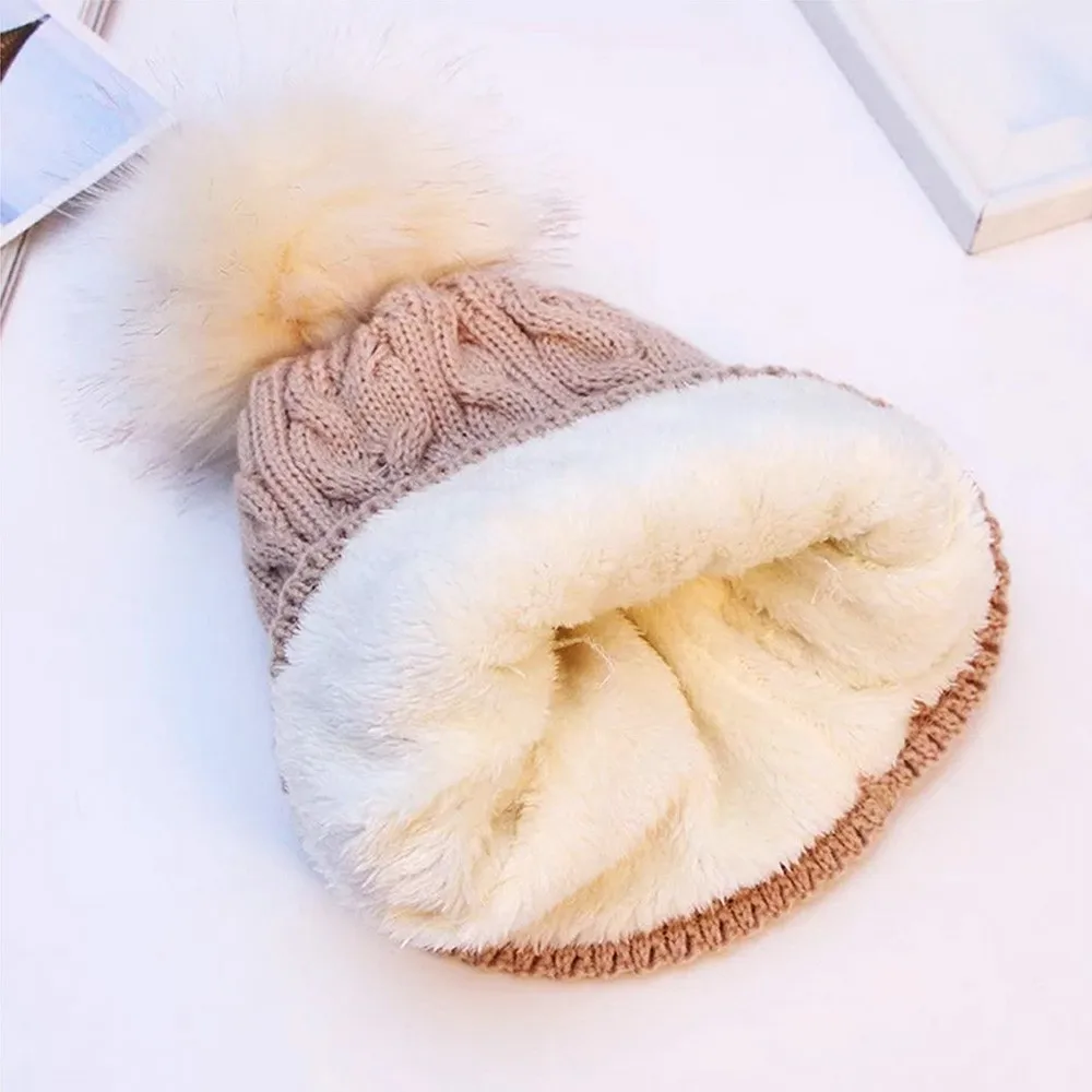 Women Winter Bonnet Soft Thick Fleece Lined Dual Layer Knitted Beanie With Faux Fur Pom Hats Fashion Wild Outdoor Sports | Аксессуары