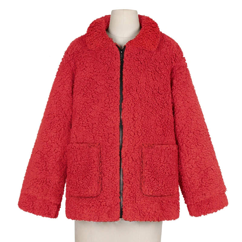 Зимнее теплое пальто из искусственного меха для женщин, отложной воротник, топы с длинными рукавами, карманы, молния, пальто, повседневное пальто из овечьей шерсти, куртки - Цвет: Красный