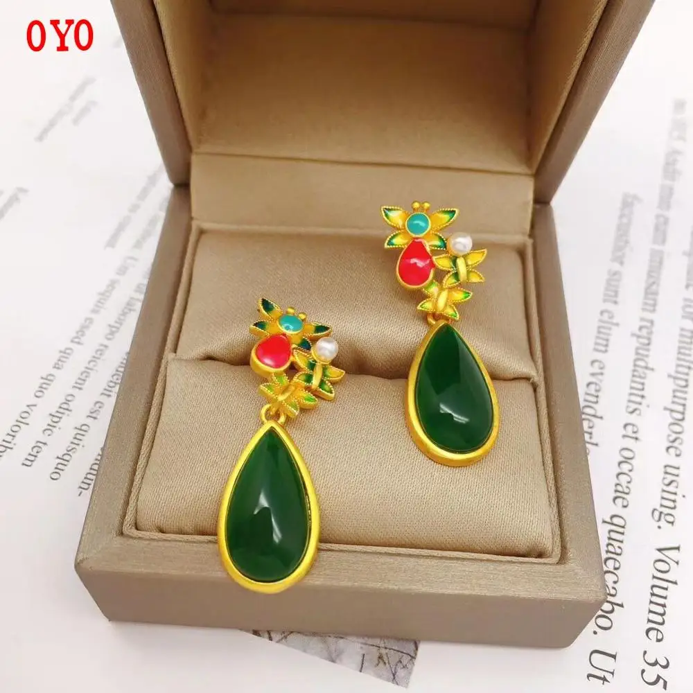 

S925 silver retro ethnic landscape Thai blue auspicious cloud drop earrings ancient gold inlaid jade Hetian jade earrings